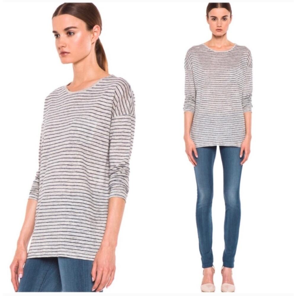 VINCE 100% Linen Striped Long Sleeve Top